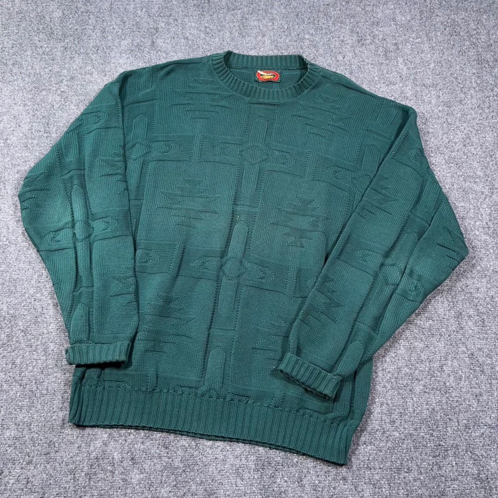 VTG Alps Mens L Green Cable‎ Textured Cotton Knit Sweater Made in USA Grandpa